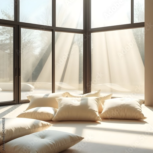 Light flooding through floor-to-ceiling windows onto pale cushions.