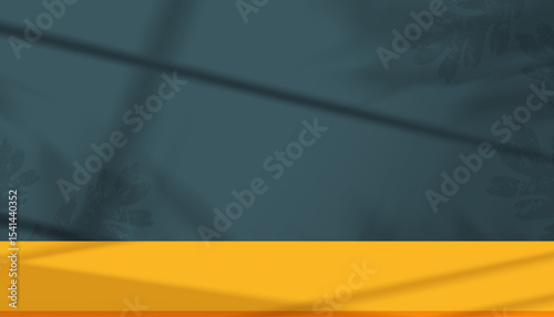 Autumn background with shadow, light on blue wall interior,Vector Studio background of Natural seasonal with shadow leaf on yellow floor for fall season, Thanksgiving banner,Halloween party invitation
