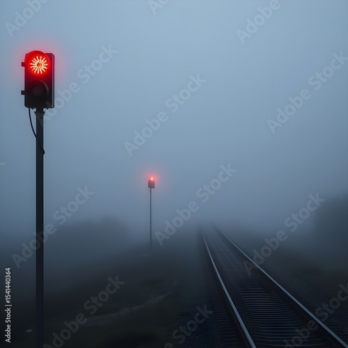 Red signal lights blinking steadily above rails stretching into fog.