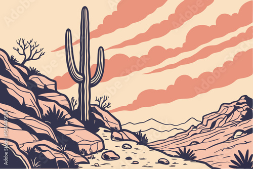 Desert landscape with saguaro cactus and rocky mountains