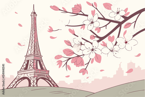 Paris eiffel tower spring blossom illustration