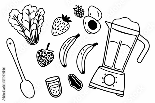 Black and white illustration of smoothie ingredients