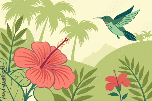 Hummingbird and hibiscus flowers in tropical paradise