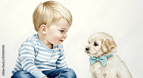 Adorable Toddler Boy with His Cute Puppy Friend Watercolor Painting