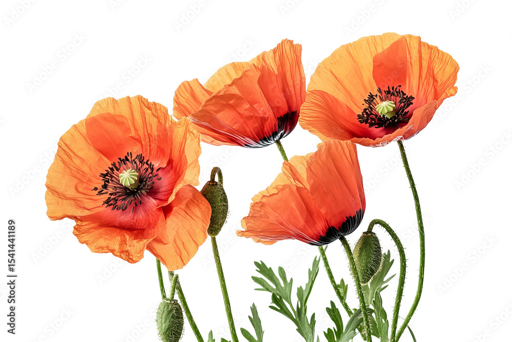 Obraz premium High-resolution red poppy flower bouquet PNG clipart on transparent background for seamless botanical cutouts, wedding invitations, sublimation prints, scrapbooking, and floral graphic design projects