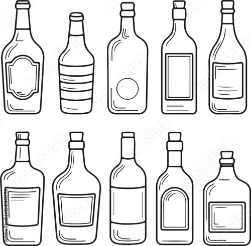 Ten Outline Drawings of Various Glass Bottles with Blank Labels Different Shapes and Sizes Hand Drawn Style Silhouette Vector Illustration