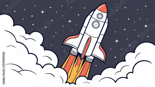 Rocket with Fins and Exhaust Flames Vector Illustration