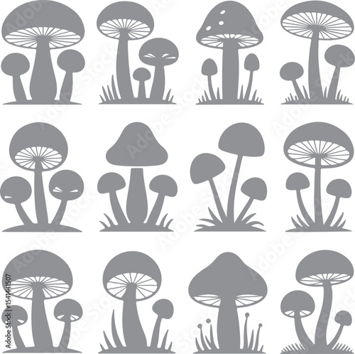 Twelve Gray Mushroom Silhouettes Set Various Sizes and Styles Grass Backgrounds Simple Nature Illustration Vector Graphic Design Elements
