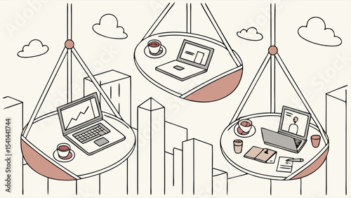 Shared Workspace with 3 Floating Desks Vector Illustration