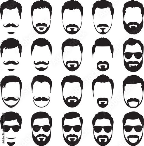 Twenty black silhouette icons of men's faces showcasing various hairstyles beards and mustaches some with sunglasses