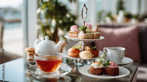 Wallpaper Mural An elegant afternoon tea arrangement is displayed on a glass table with assorted cakes, pastries, and a teapot, creating a serene and inviting atmosphere. Torontodigital.ca