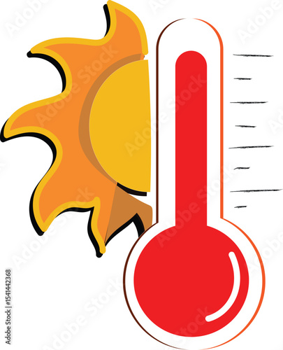 cartoon illustration of a red thermometer with a yellow sun next to it, indicating high temperatures. Heat stroke is a serious condition that can occur when the body overheats