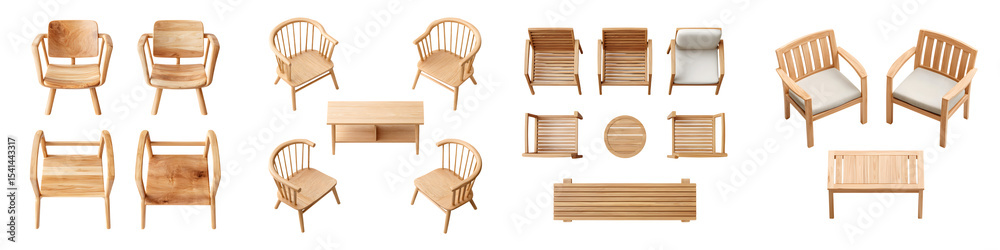 Collection of various wooden furniture pieces for home and outdoor use Collection of various wooden furniture pieces for home and outdoor use