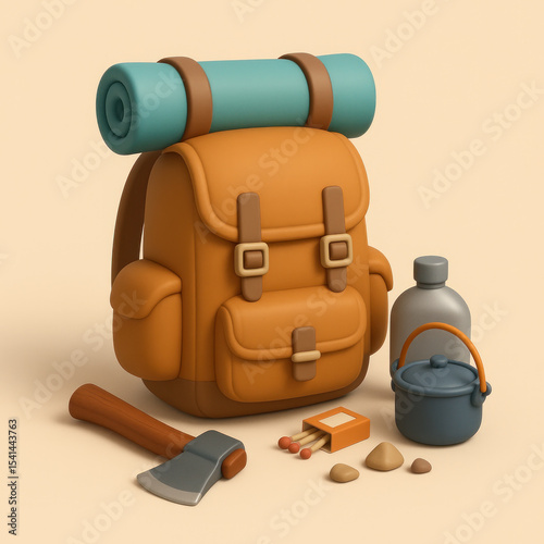 3D Icon of Camping Backpack and Adventure Supplies