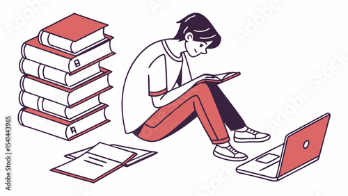 Illustration of a student sitting on the floor reading a book with a laptop and books stacked nearby