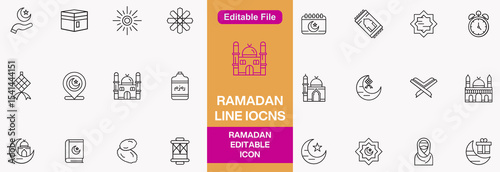 Islamic icon with thin line style, use for Islamic event or pictogram assets, Ramadan Kareem, IED Mubarak. Islamic Line Art Icons Set. Ramadan Kareem Line Vector Icons.	