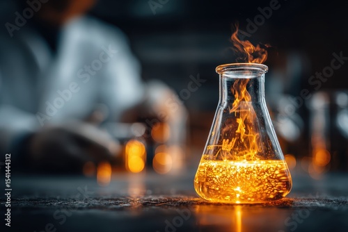 A blazing science experiment in the lab with a fire inside of the flask for chemistry and scientific advancement research, using advanced and innovative techniques.