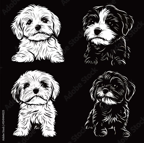 Adorable cartoon puppies in black and white designs showcasing different breeds.