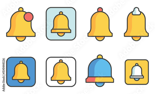 Vibrant bell icon set with eight different minimalist designs representing alerts and notifications, made for use in mobile apps, web ui elements, digital platforms, and tech communication

