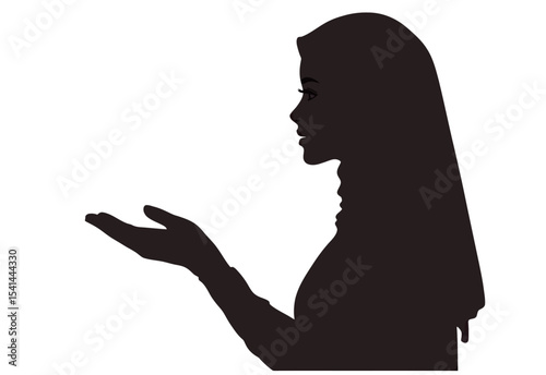 Silhouette of a young woman with long hair, gesturing with an open hand.