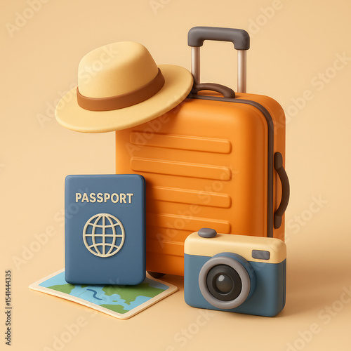 3D Icon of Travel Suitcase and Luggage Essentials