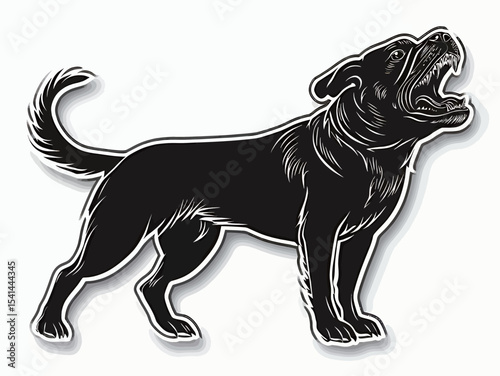 A fierce black dog barking in mid-action against a white background.