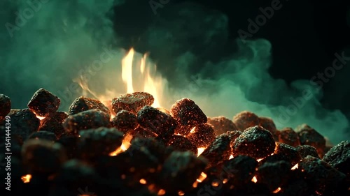 Glowing Charcoal Igniting Flames in Smoky Atmosphere