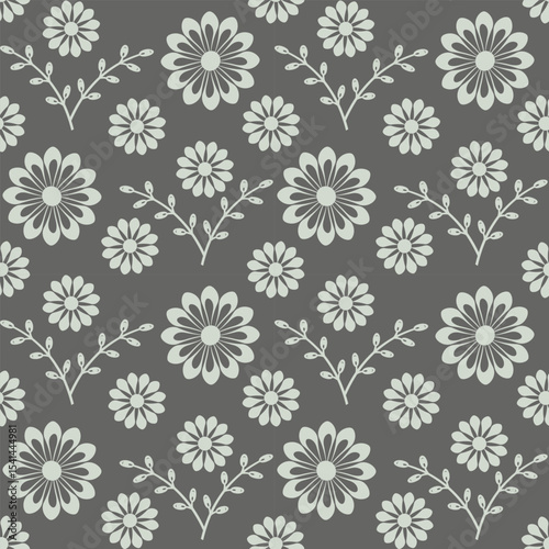 Seamless Floral Pattern of Decorative Daisies and Twigs on Dark Background