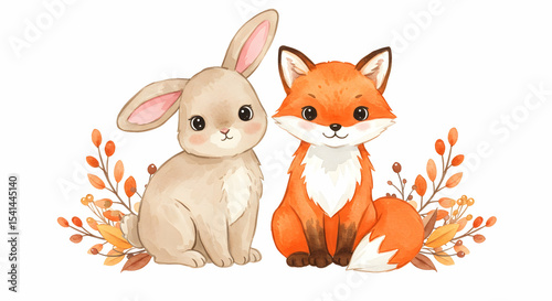 Adorable Watercolor Bunny and Fox Autumn Friends Illustration