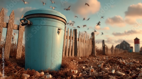 Light blue trash can beside a weathered wooden fence on a beach.