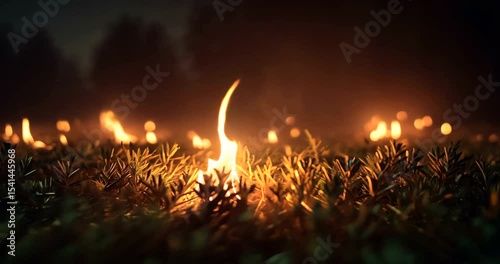 Glowing flames flicker over green grass at night