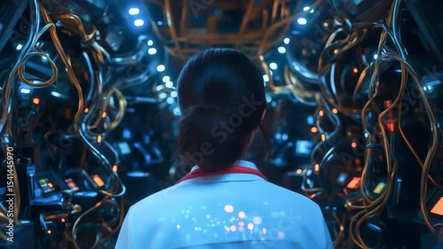 A woman in a futuristic setting with glowing wires and technology, exploring a high-tech environment