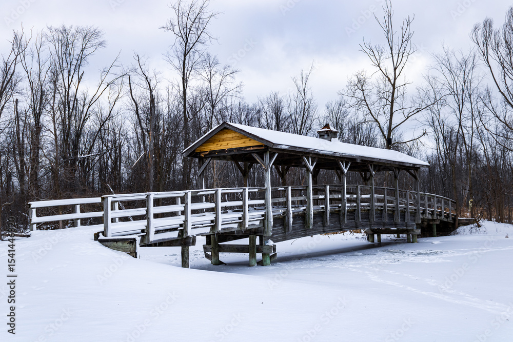 Naklejka premium covered bridge landscape during the winter with snow on the ground