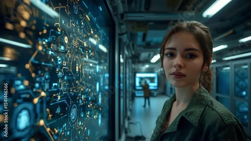 Young woman interacting with a futuristic digital interface in a high-tech laboratory setting