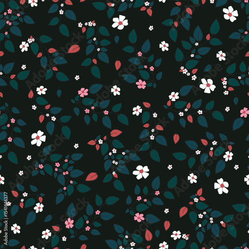 Seamless floral pattern with pink and white flowers on a dark background