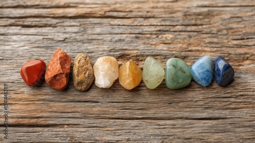 Seven chakra stones aligned on weathered wood surface