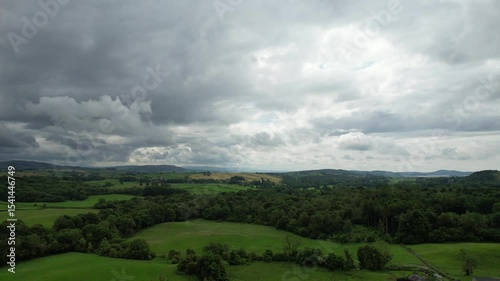 High Angle Footage of Village Countryside Landscape at Near Kendal Town, Lake District of England United Kingdom. Drone Camera Footage Was Captured on June 13th, 2025