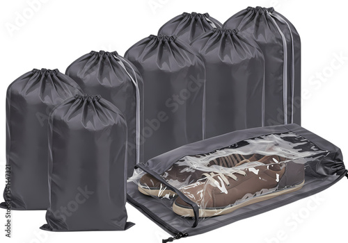 Eight Dark Gray Drawstring Storage Bags and One Clear Bag isolated on transparent baackground