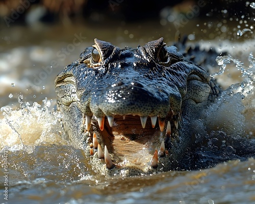 Crocodile s powerful jaws snapping shut in high speed motion