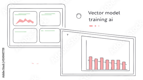 Overview of vector model training ai with charts and graphs displayed on multiple computer screens shown