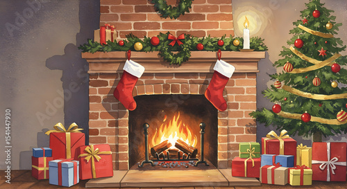 Christmas Fireplace Cozy Winter Holiday Season Festive Decor Presents Tree