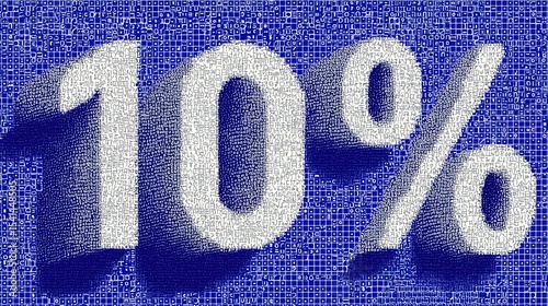 Texto 10% 3D con textura, relieve hecho a pequeños garabatos patrón multiforme, tonos blancos y azules, fondo azul  matrix azul, horizontal, primer plano, descuento, intereses, porcentaje