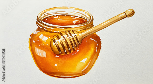 Sweet Honey Jar with Wooden Dipper Watercolor Painting