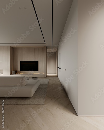 Fototapeta Naklejka Na Ścianę i Meble -  Interior of modern living room with white walls, wooden floor, comfortable white sofa and kitchen with wooden cabinets and bar in the background. 3d rendering