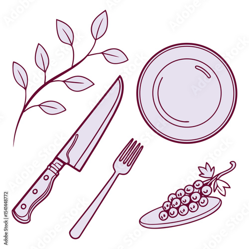 Purple Line Art Illustration of Plate Knife Fork Grapes and Branch with Leaves lilac