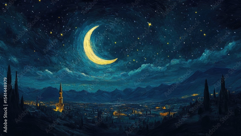 Fototapeta premium Crescent moon over a night city