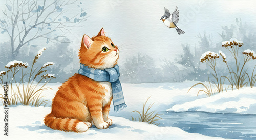 Ginger Cat in Winter Wonderland Watching a Bird
