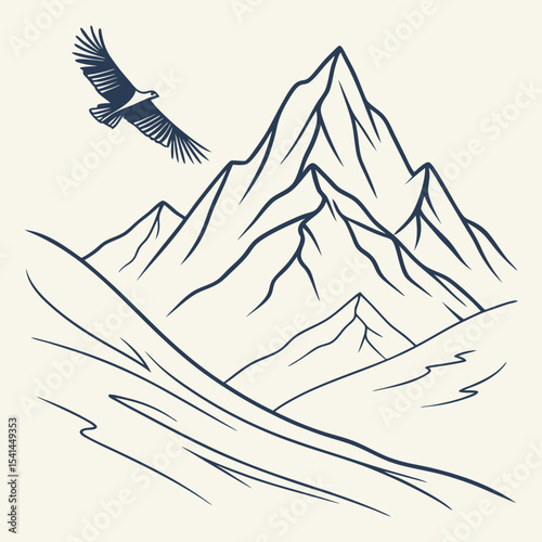 Dark Blue Eagle Soaring Above Linear Style Mountain Range Illustration bird mountains