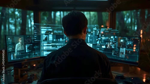 Person analyzing data on multiple screens in a forest cabin, surrounded by nature and technology