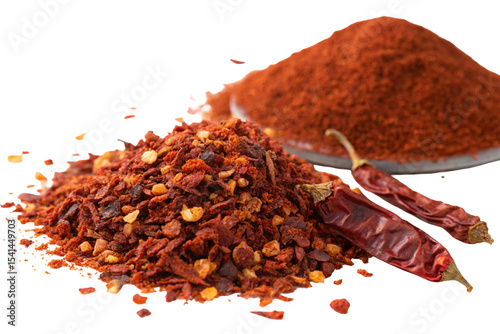 Close up spicy chili red pepper flakes, chopped, milled dry paprika pile png 